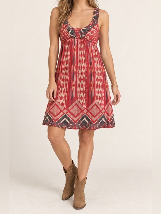Angie Dresses & Skirts - Vintage Angie Ikat Print Red Boho Midi Dress NWT Size Medium